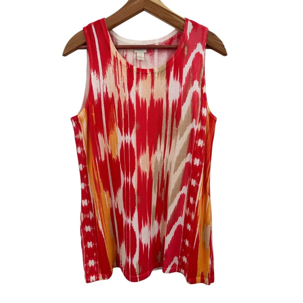 Chico's Tye Dye Tank Top Size 2 Large Orange Knit Crew Neck Summer Vacation